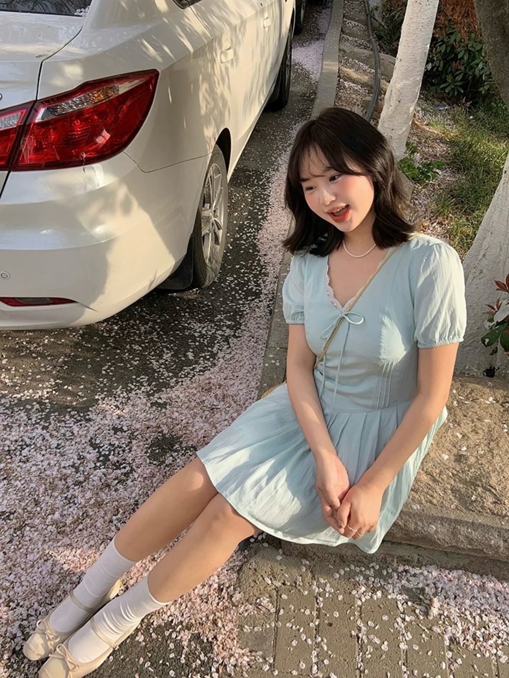 Korean style Light Blue Short Sleeve Tie-Front Mini Dress
